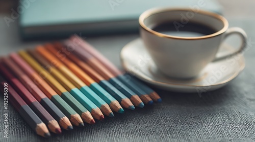Pastel-toned colored pencils next to a cup of coffee on a desk