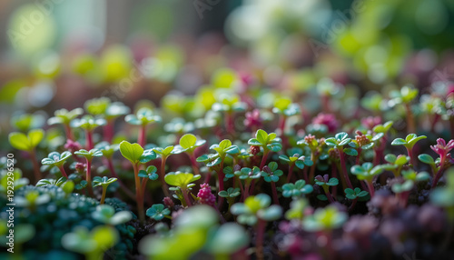 Close-up view of vibrant green and pink succulent plants growing together in a garden setting, showcasing their unique leaf shapes and textures under natural light