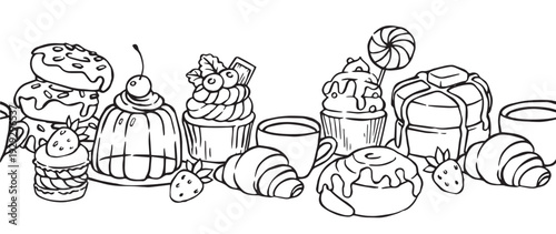 Seamless border with cakes and desserts. Hand drawn doodle illustration.
