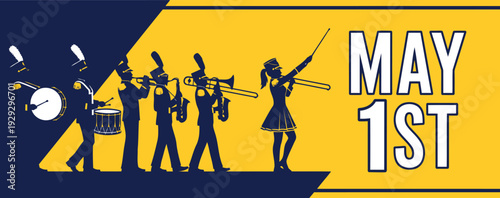 Marching band silhouette with musicians and drum major for may 1st