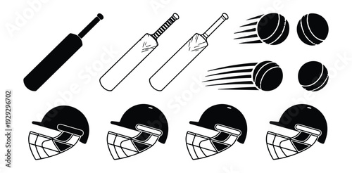 Set of cricket equipment icons including bats balls and protective helmets