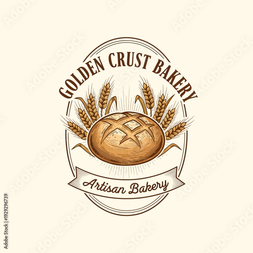 Bakery Golden Crust Artisan Bread Logo with Wheat Illustration