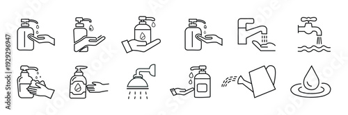Hand Washing and Water Hygiene Line Icon Set – Soap Dispenser, Faucet, Shower, Drop and Cleaning Symbols Vector Illustration.