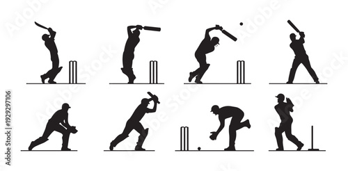 Cricket player silhouettes set showing various batting and fielding positions on white ground