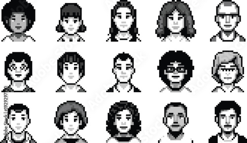 Grayscale pixel art avatar collection, retro 8bit diverse character portraits set, monochrome game profile icons for indie projects