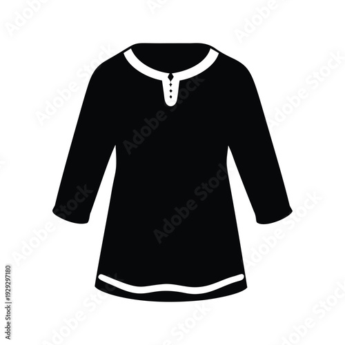 Elegant black and white dress with three-quarter sleeves and collar silhouette vector illustration, winter tunic top silhouette vector illustration