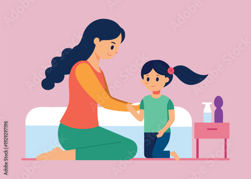 Caring mother sitting on a bed patiently braiding her daughter's hair in a bedroom setting.