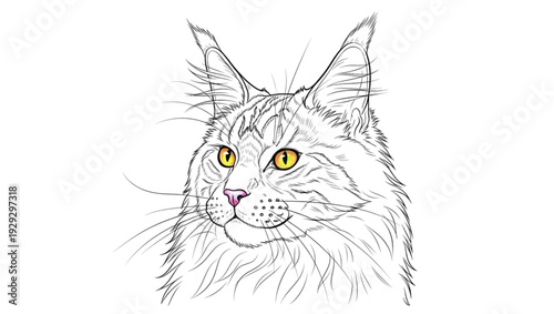 Illustration of a gray fluffy cat with yellow eyes looking sideways