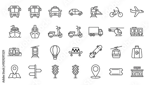 Transportation line icon set with bus taxi car train bicycle airplane ship scooter truck helicopter metro and travel map symbols