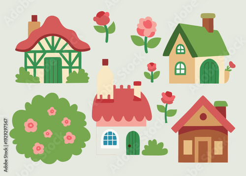 Charming watercolor collection of English country houses with green bushes and pink roses.
