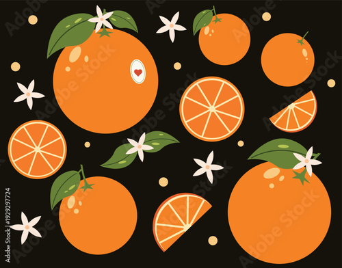 Flat vector collection of orange fruits with whole oranges slices and blossoms on dark background