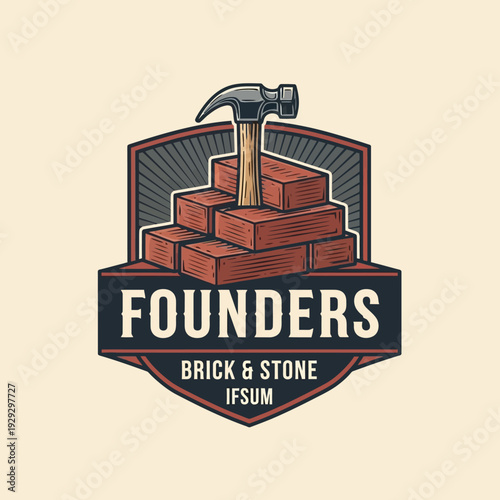 Brick and Hammer on Stacked Stones in a Vintage Founders Logo Emblem