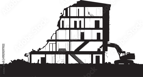 Black silhouette of a partially demolished building with an excavator