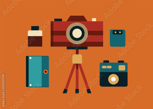 Set of classic analog photography equipment including a vintage camera on a tripod, film rolls, and a darkroom box.
