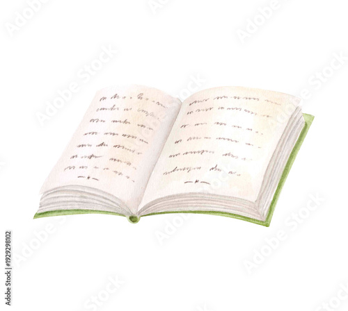 Schilderij op canvas Watercolor illustration of vintage open book with handwritten text isolated on white