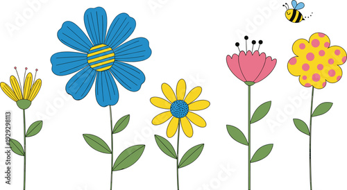 Colorful cartoon flower collection, cute spring garden floral vector illustration with bee isolated on white background