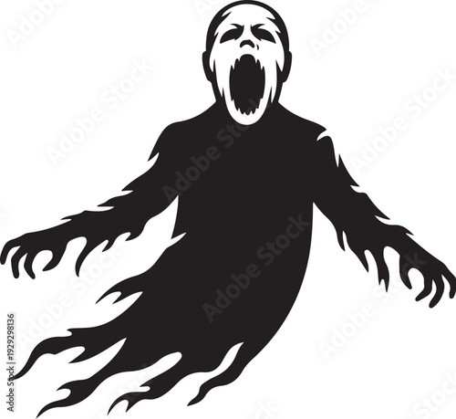 Black silhouette of a screaming ghost with outstretched arms and flames