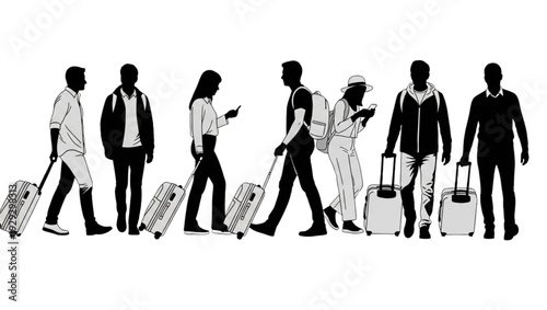 Group of people walking with luggage in various poses and outfits slowly moving
