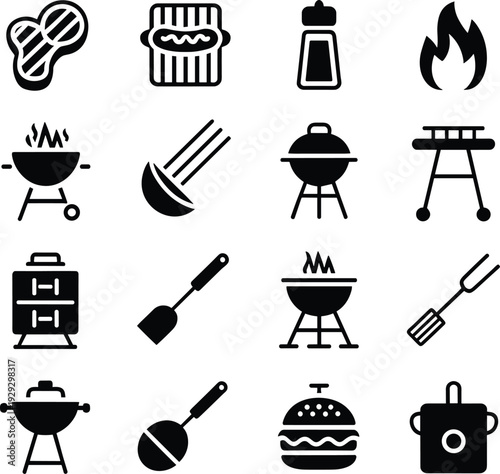 Black and white barbecue grill cooking 1 food barbecue, grill, cooking, black and white, food, outdoor cooking, utensils, grilling, burgers, hot dogs, flame, fire, spatula, fork, tongs, cooler, pot, p