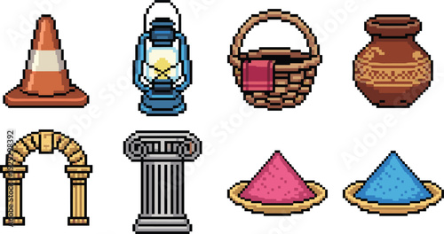 Retro pixel art ancient architecture and vintage objects set, classic props and structures isolated on light background