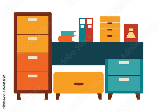 Flat illustration of retro office storage furniture featuring an orange filing cabinet, a teal desk, and drawer units.