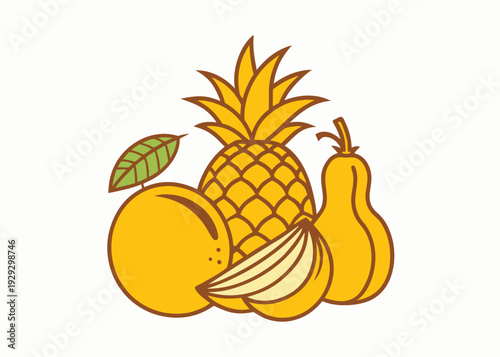 A classic illustration of tropical fruits featuring a pineapple, orange, banana slices, and a pear on a light background.