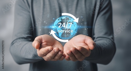 24/7 service global support concept with hands holding earth globe