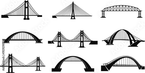 Bridge silhouettes set with suspension, arch and cable stayed constructions, urban infrastructure architecture vector illustration collectionBridge silhouettes set with suspension, arch and cable 
