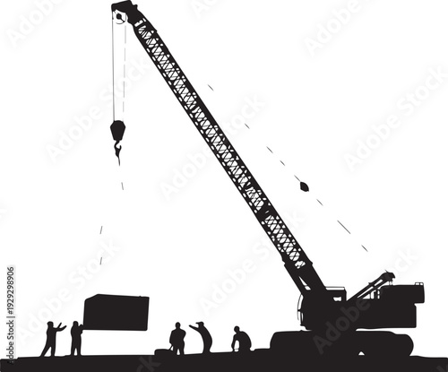 Black silhouette of construction workers guiding a concrete block with a crane