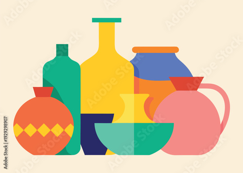 A colorful collection of ceramic and clay vases, jugs, and bowls in various shapes and sizes on a light background.