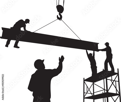 Black silhouette of construction workers moving a beam