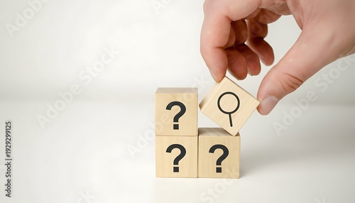 Hand placing wooden block with magnifying glass icon above question mark cubes, concept of search, inquiry and problem solving featuring questions, answers, investigation with research and analysis