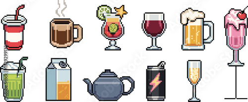 Pixel art drink and beverage icon set featuring coffee, cocktails, beer, wine, soda, retro 8bit sprites collection
