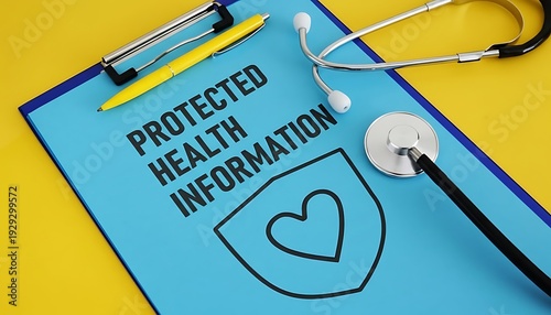 Protected health information clipboard with stethoscope and pen on yellow background, healthcare privacy and HIPAA concept featuring PHI, medical confidentiality, medical records with EHR and data