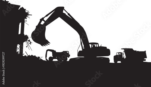 Black silhouette of excavator and trucks on construction site