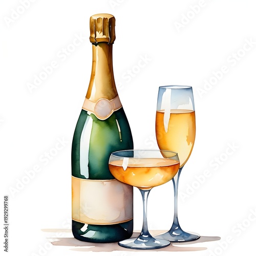 A champagne bottle and two filled glasses are placed together on a clean white background