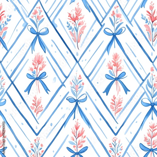 A repeating floral pattern with pink flowers tied with blue ribbons on a white background