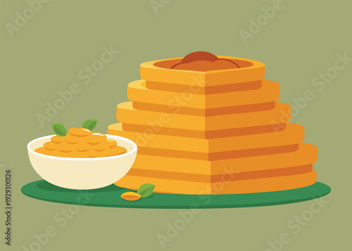 Illustration of stacked square honey-soaked baklava pastries next to a bowl of chopped pistachios on a green surface.