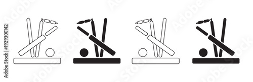 Set of four icons depicting cricket wickets bat and ball outline solid styles