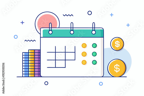 Monthly scheduling graphic features a calendar with marked slots next to colorful stacks of currency symbolizing financial goal achievement and monetary progress tracking.