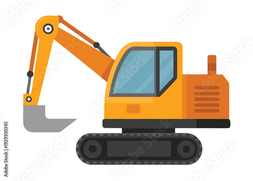 Detailed side view of an orange hydraulic excavator with a gray bucket on tracks and a blue cab window.