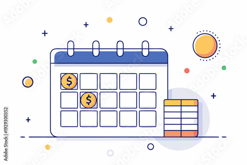 Calendar illustration marks scheduled payment dates next to stacks of cash symbols representing financial planning and income tracking for the month.