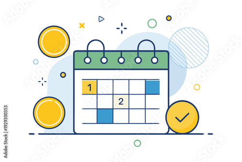 Large desktop calendar showing numbered days one and two marked with blue squares near several floating golden coins and a confirmation clock icon illustrating timely monetary execution.