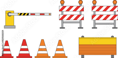 Road construction barriers traffic cones and boom gate safety equipment flat vector illustration set isolated
