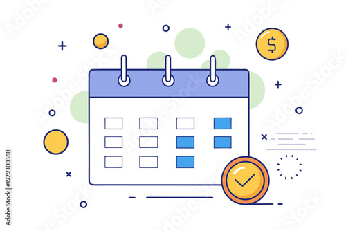 A simplified desktop calendar displaying marked dates and floating currency symbols alongside a clock icon marked with a check indicating scheduled financial completion or payment deadlines.