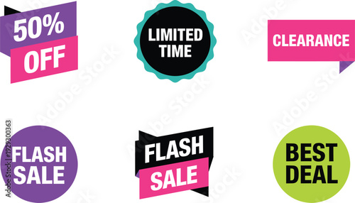 Sale banners and stickers with discount text clearance sale, discount, banner, sticker, clearance, limited time, flash sale, deal, 50 percent off, purple, pink, green, black, white, text, label, tag, 
