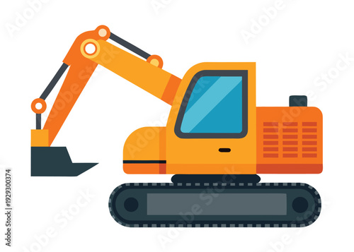 Detailed side view of an orange hydraulic excavator with a black bucket on tracks and a blue cab window.