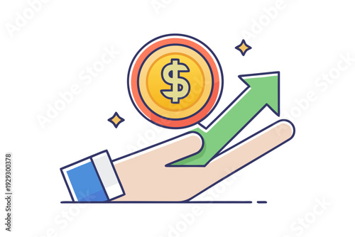 Open palm supports a glowing dollar coin floating above a steeply rising green arrow symbolizing monetary increase, profit, or successful investment strategy realization.