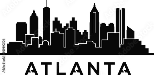 Atlanta Georgia city skyline silhouette black and white vector illustration with modern typography text isolated on white background for travel tourism and urban architectural design.