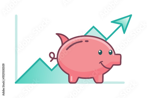Pink piggy bank smiles happily while standing in front of a rising light green line graph indicating positive financial growth and successful investment returns.